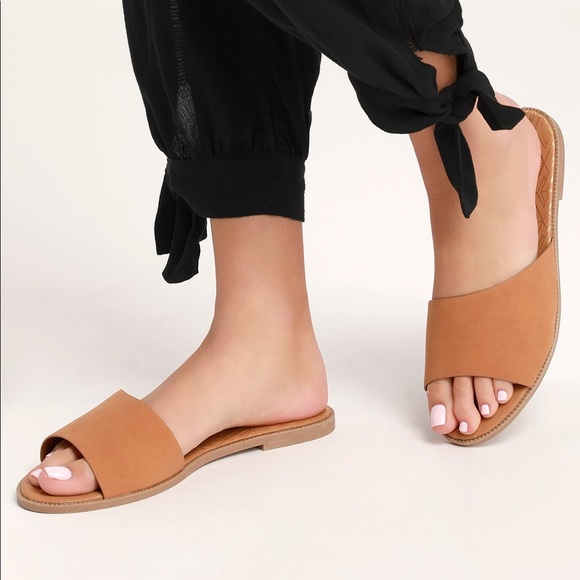 Shoes - Tan Slide Nubuck Flat Sandals Sz 7, 7.5, 8 NIB